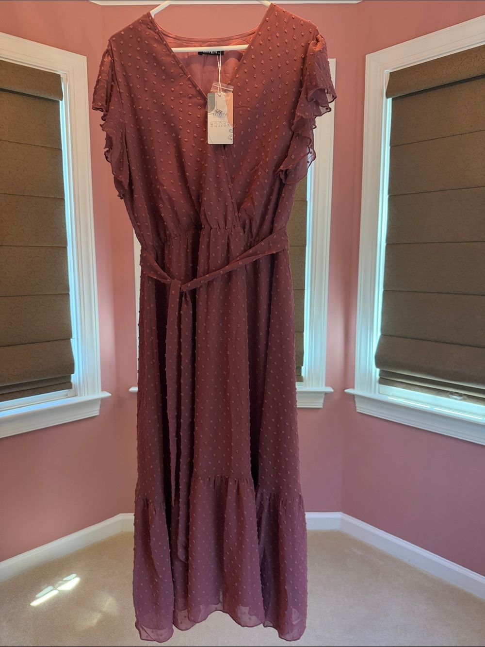 Women's Mauve Flutter-Sleeve V-Neck Maxi Dress with Self-Tie Waist